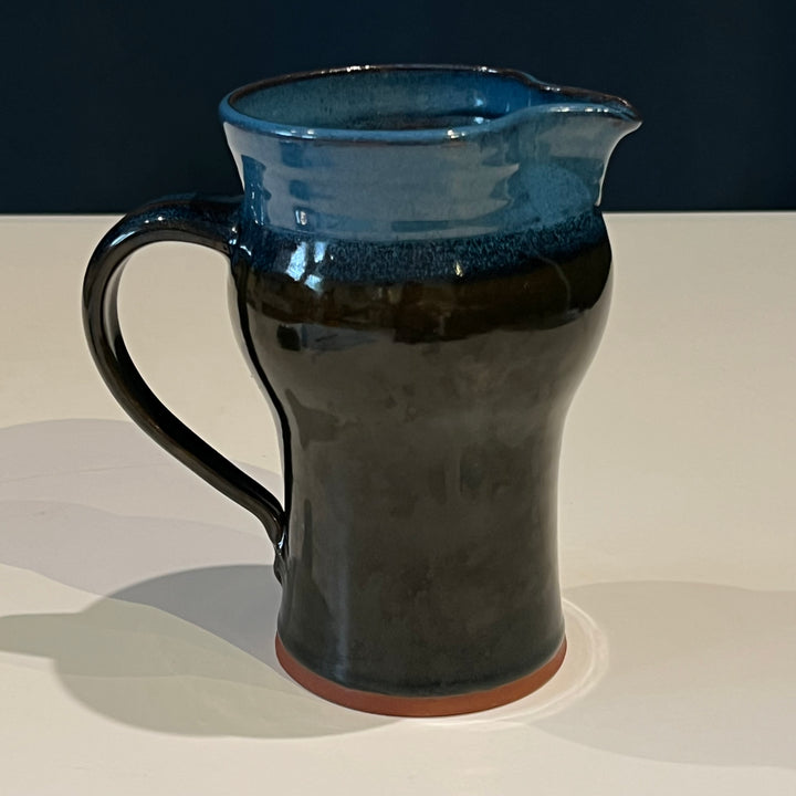 Studio Pottery Ceramic Pitcher, Dark w/Blue Rim