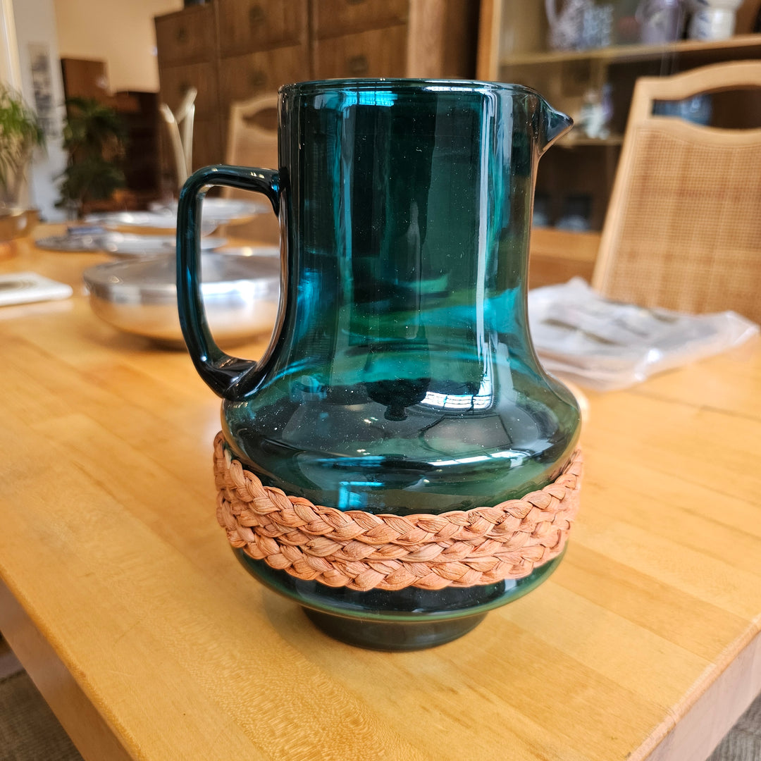 Teal Glass Pitcher w/ Rattan Detail