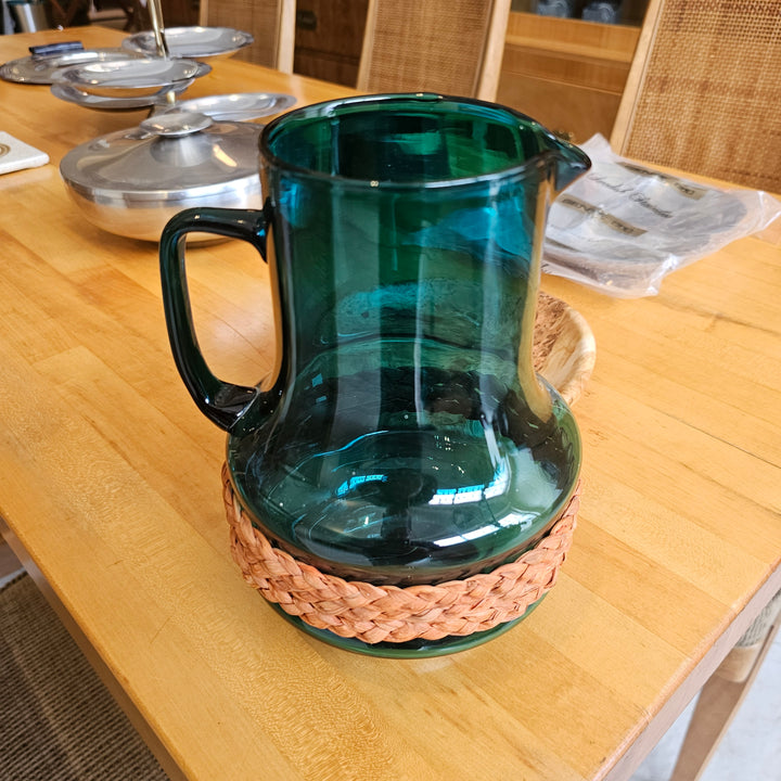 Teal Glass Pitcher w/ Rattan Detail