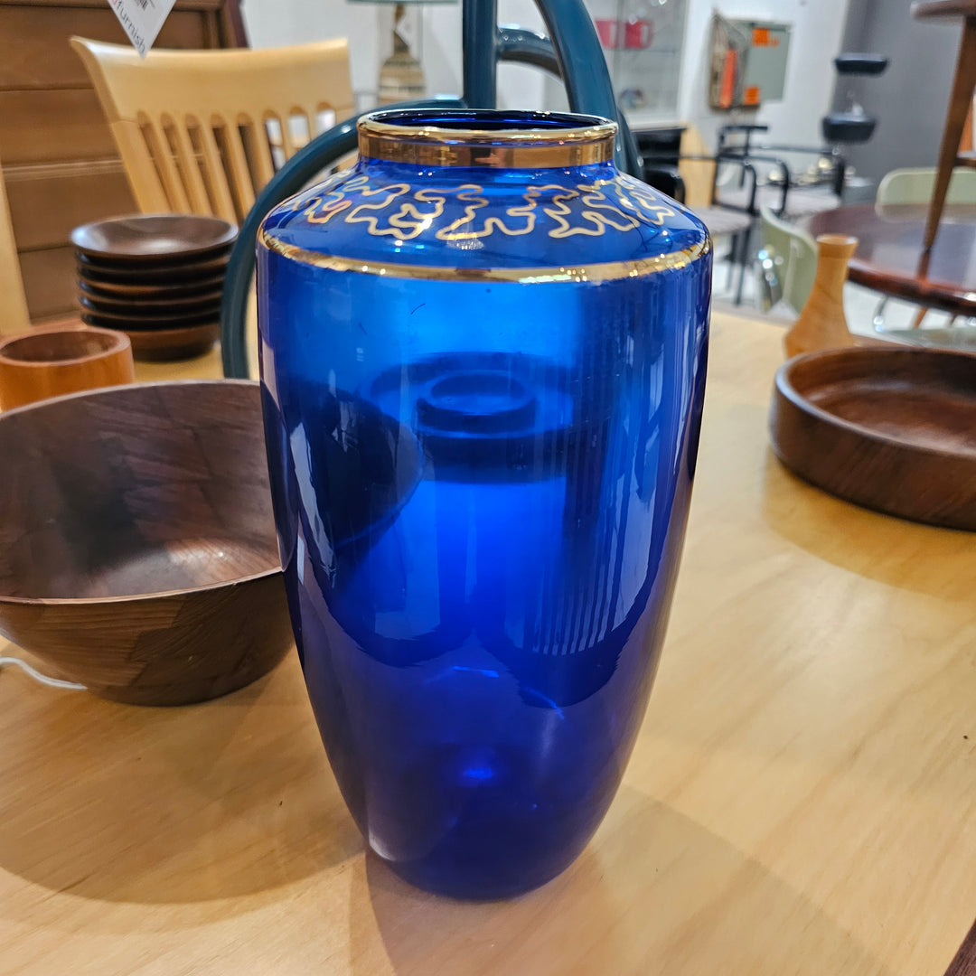Vtg Cobalt Vase w/ Gold Detail