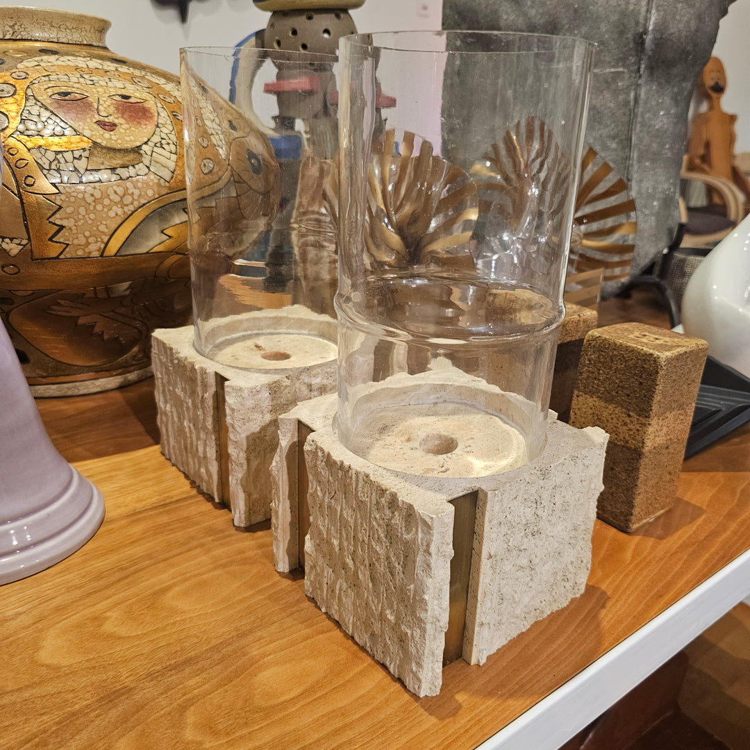 Pair of Vtg Travertine & Brass Hurricane Candle Holders