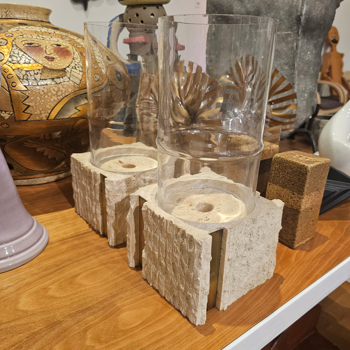 Pair of Vtg Travertine & Brass Hurricane Candle Holders