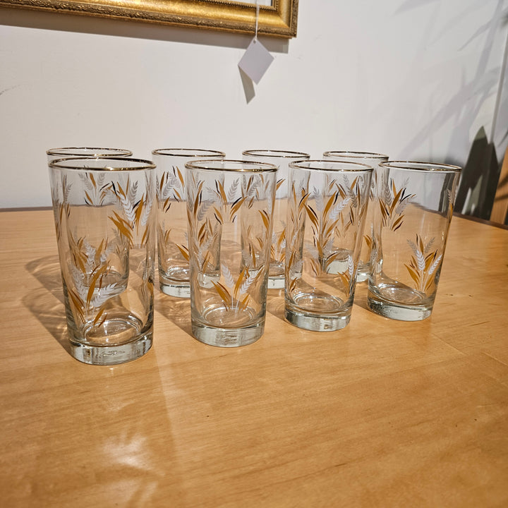 (8) Libby Wheat Tumblers, Gold Rim