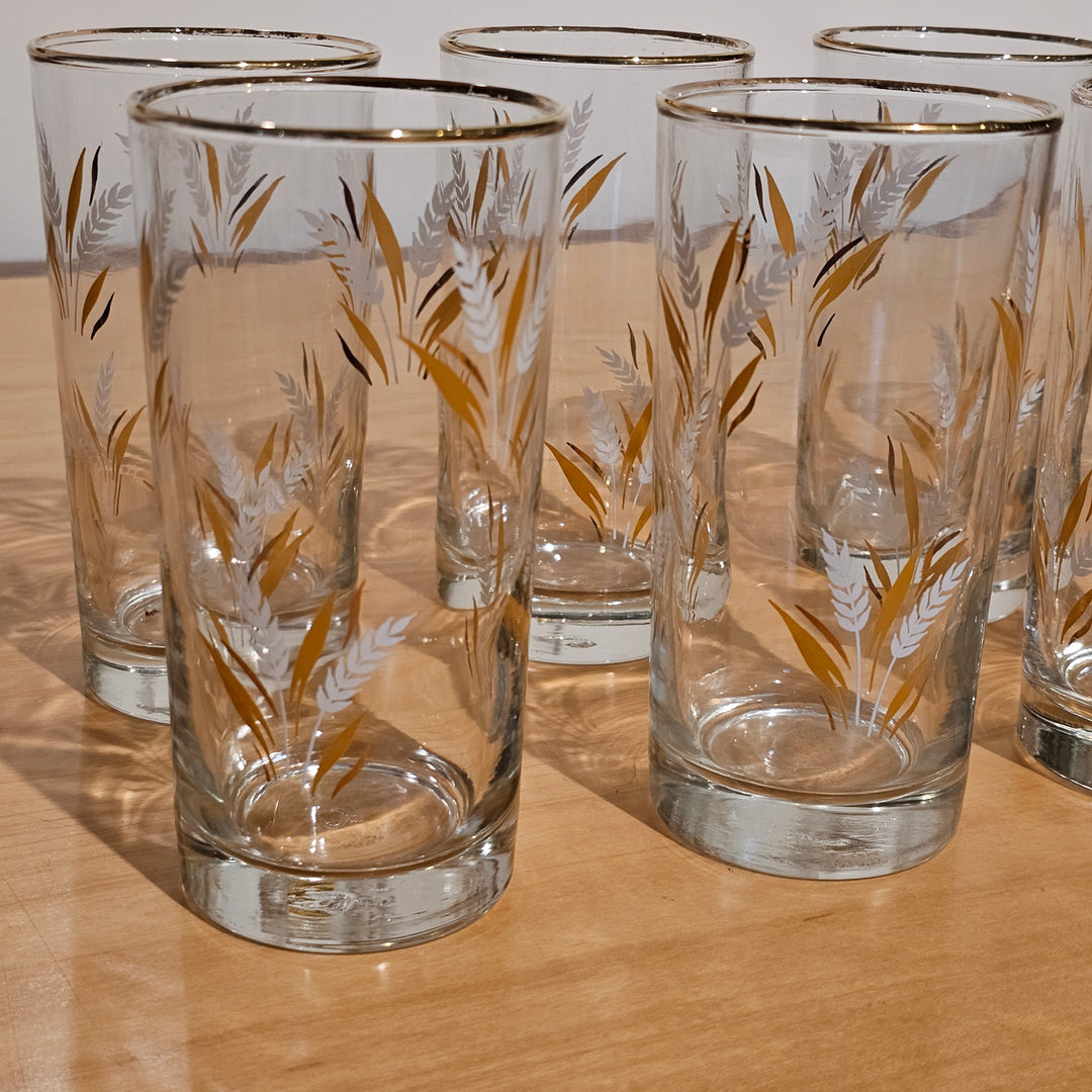 (8) Libby Wheat Tumblers, Gold Rim