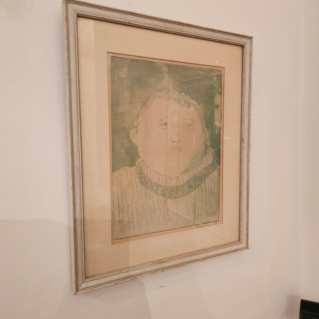 Signed Green Etching of Boy, 1965