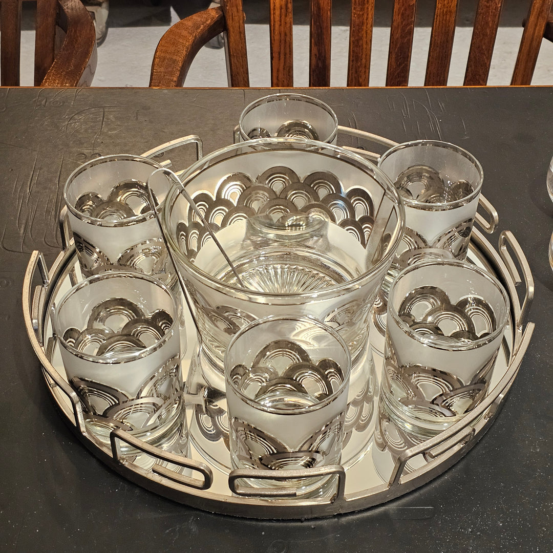 9pc Culver Silver Clouds Cocktail Set w/Mirrored Tray