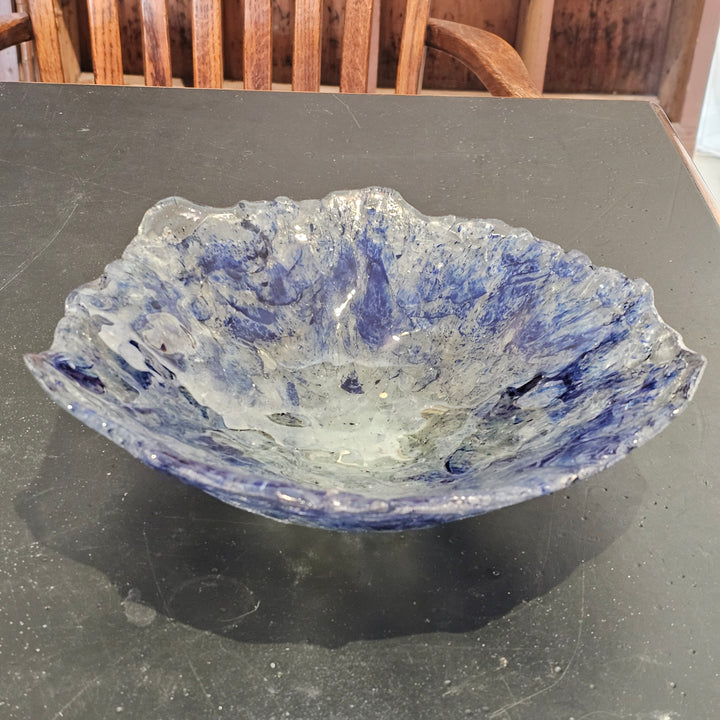Handmade Blue Infused Crackled Art Glass Bowl - Signed