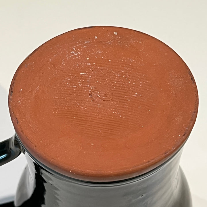 Studio Pottery Ceramic Pitcher, Dark w/Blue Rim