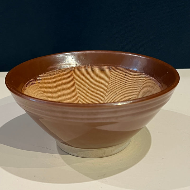 6” Brown Ceramic Bowl w/Geometric Interior
